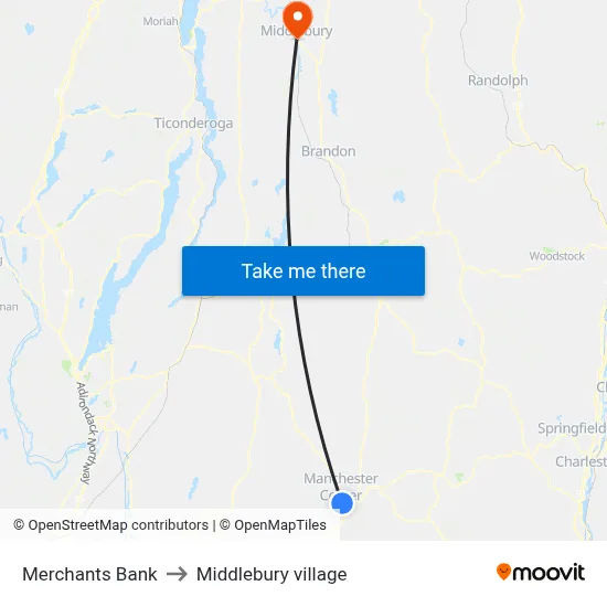 Merchants Bank to Middlebury village map