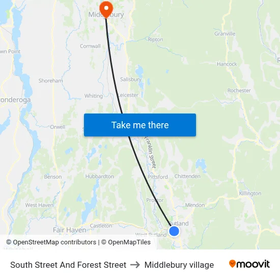 South Street And Forest Street to Middlebury village map