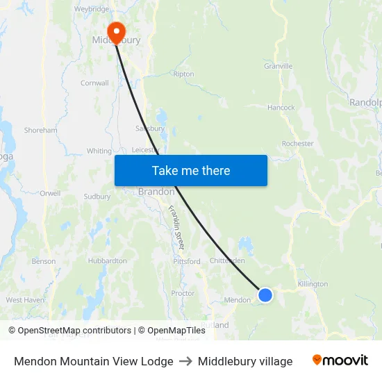 Mendon Mountain View Lodge to Middlebury village map
