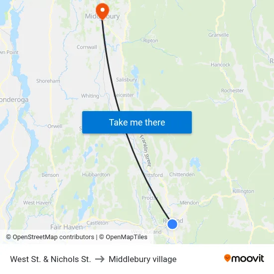 West St. & Nichols St. to Middlebury village map