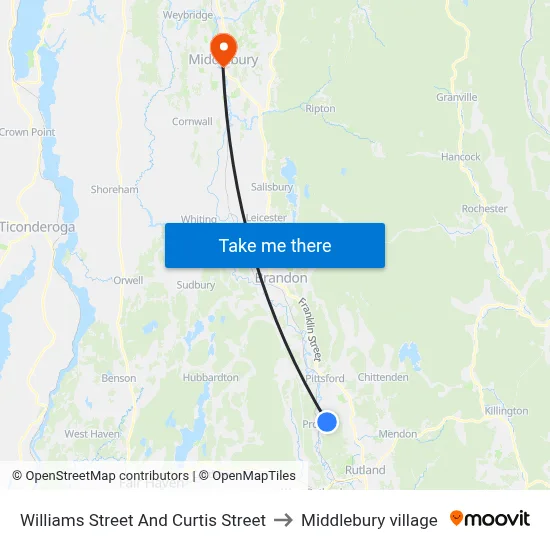 Williams Street And Curtis Street to Middlebury village map