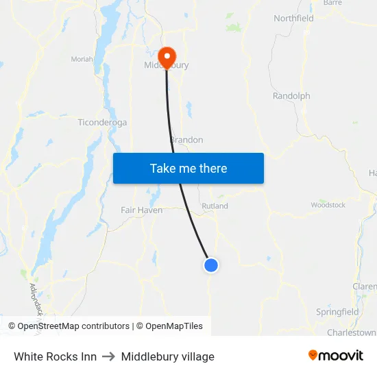 White Rocks Inn to Middlebury village map