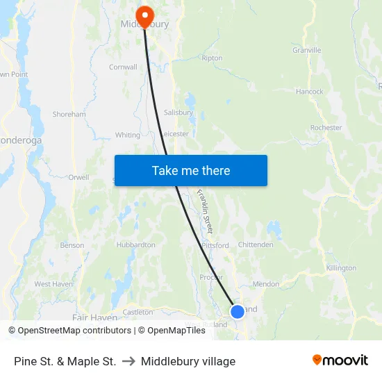 Pine St. & Maple St. to Middlebury village map
