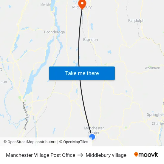 Manchester Village Post Office to Middlebury village map