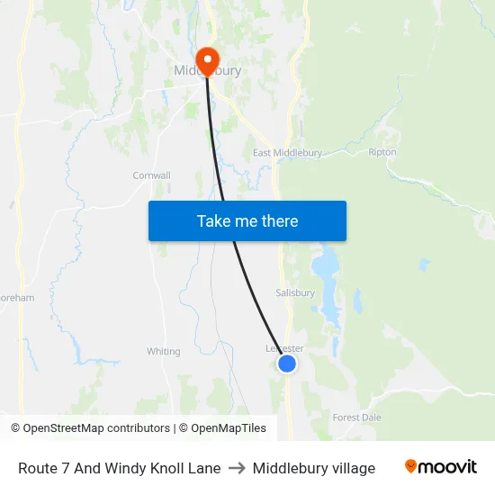 Route 7 And Windy Knoll Lane to Middlebury village map