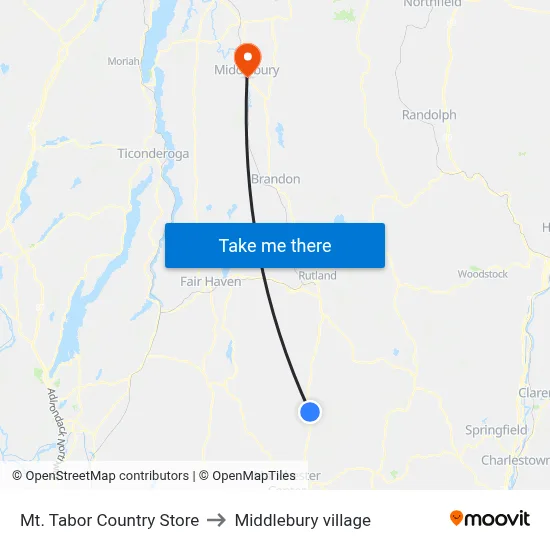 Mt. Tabor Country Store to Middlebury village map