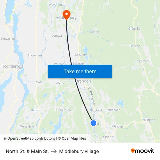 North St. & Main St. to Middlebury village map