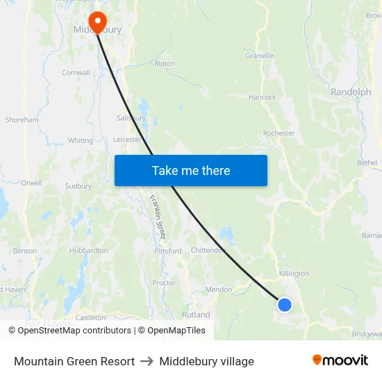 Mountain Green Resort to Middlebury village map