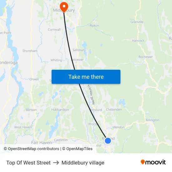 Top Of West Street to Middlebury village map