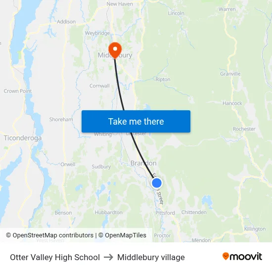 Otter Valley High School to Middlebury village map