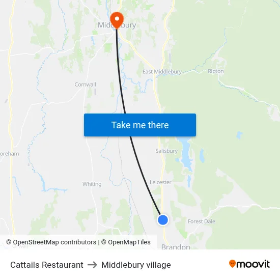 Cattails Restaurant to Middlebury village map