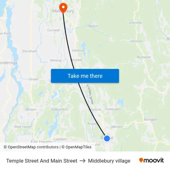 Temple Street And Main Street to Middlebury village map
