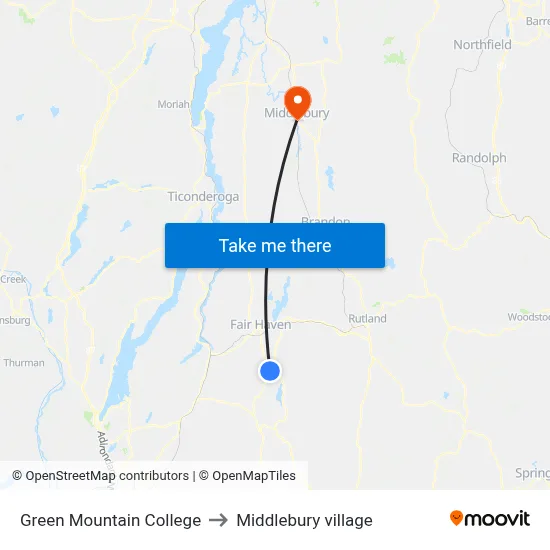 Green Mountain College to Middlebury village map