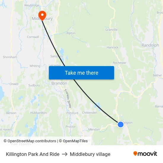 Killington Park And Ride to Middlebury village map