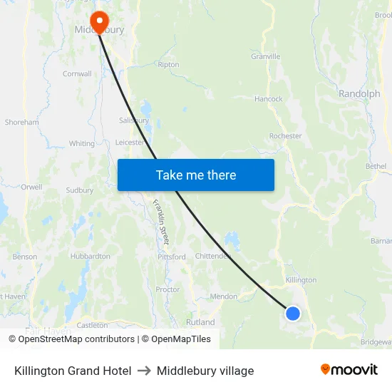 Killington Grand Hotel to Middlebury village map