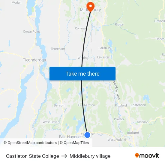 Castleton State College to Middlebury village map