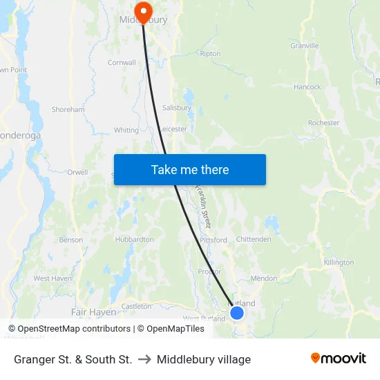 Granger St. & South St. to Middlebury village map