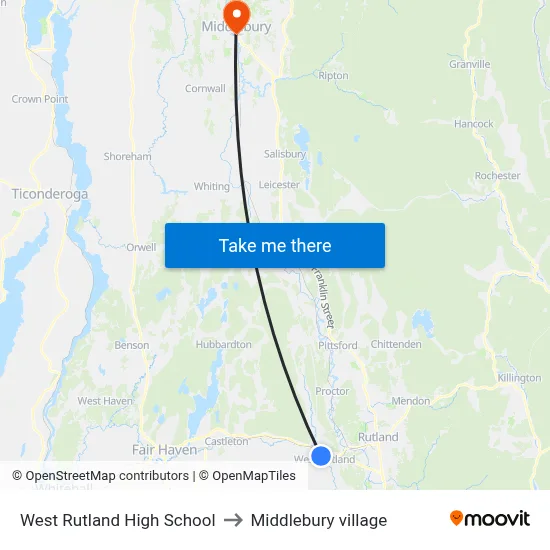 West Rutland High School to Middlebury village map