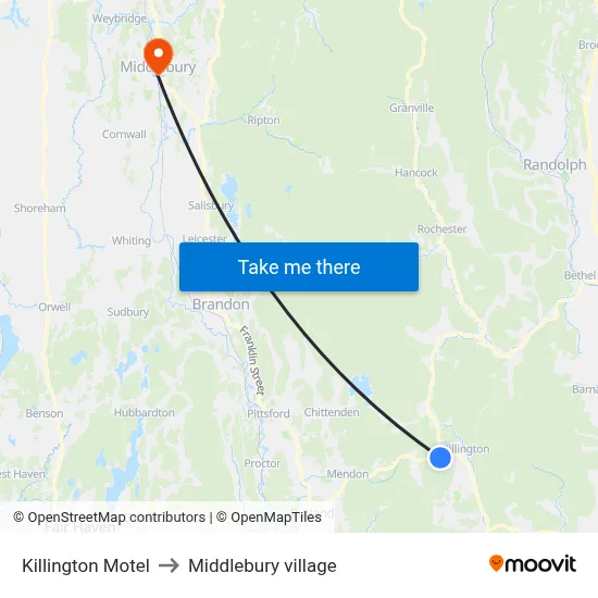 Killington Motel to Middlebury village map