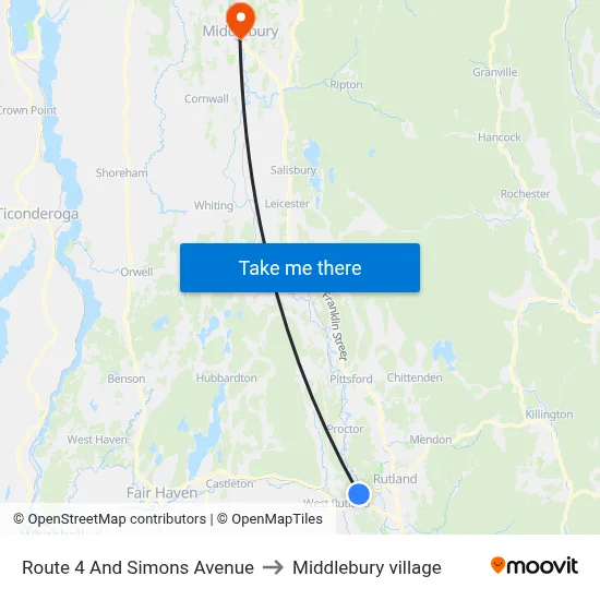 Route 4 And Simons Avenue to Middlebury village map
