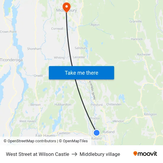 West Street at Wilson Castle to Middlebury village map