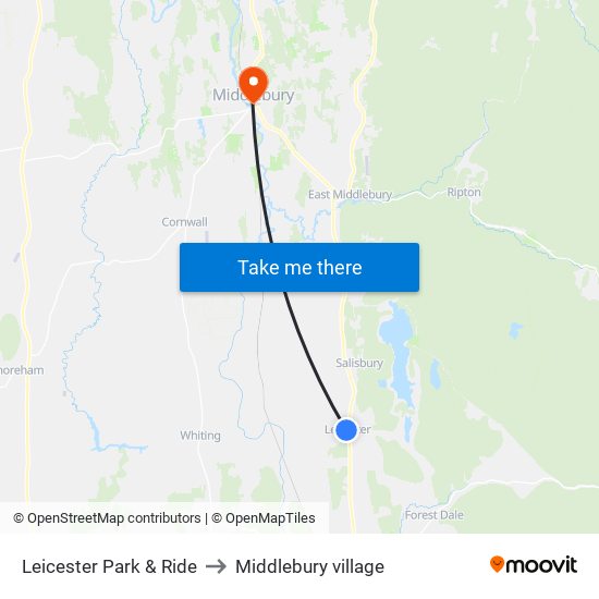 Leicester Park & Ride to Middlebury village map