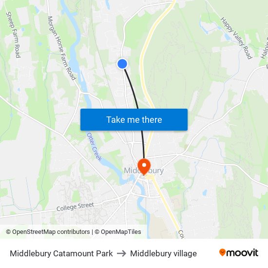 Middlebury Catamount Park to Middlebury village map