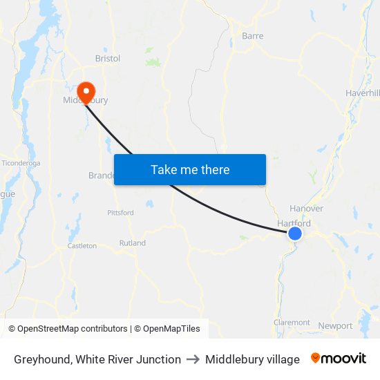 Greyhound, White River Junction to Middlebury village map