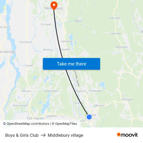 Boys & Girls Club to Middlebury village map