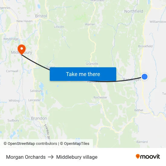 Morgan Orchards to Middlebury village map