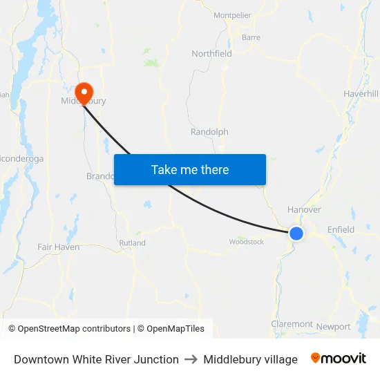 Downtown White River Junction to Middlebury village map