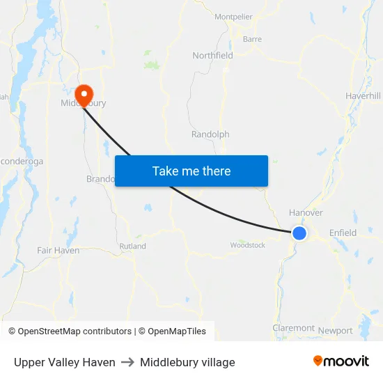 Upper Valley Haven to Middlebury village map