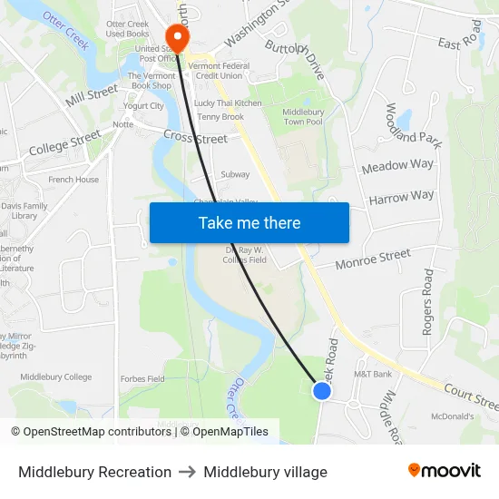 Middlebury Recreation to Middlebury village map
