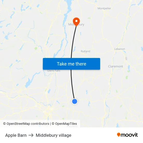 Apple Barn to Middlebury village map