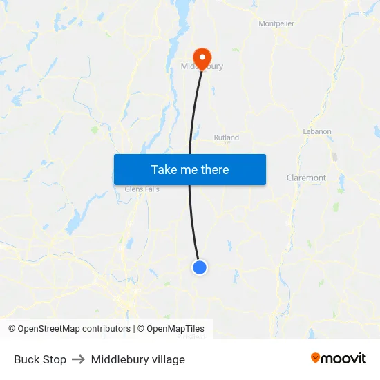 Buck Stop to Middlebury village map