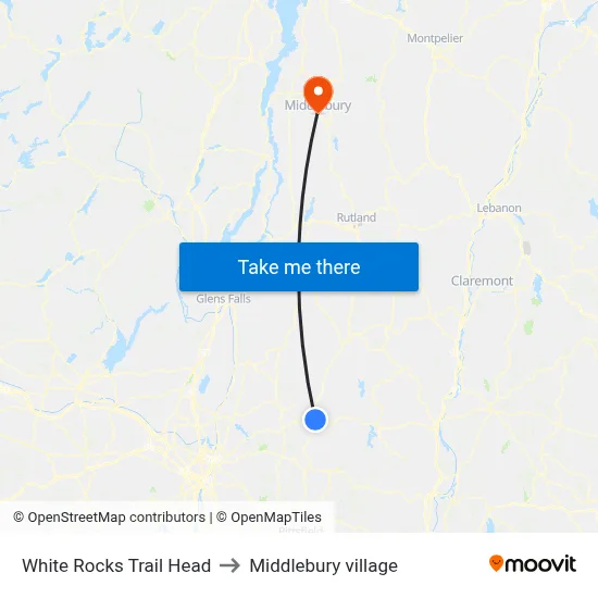 White Rocks Trail Head to Middlebury village map