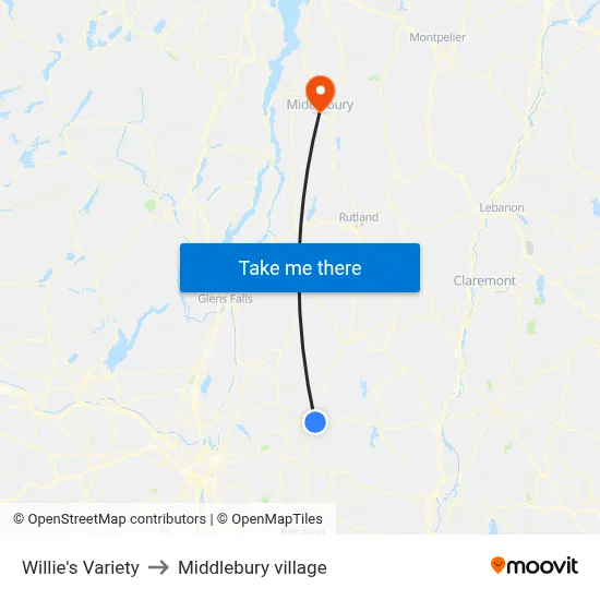 Willie's Variety to Middlebury village map