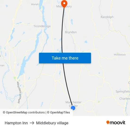Hampton Inn to Middlebury village map