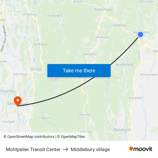 Montpelier Transit Center to Middlebury village map