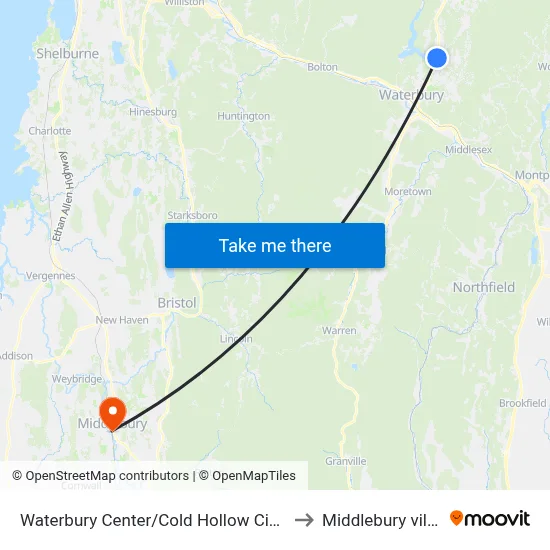 Waterbury Center/Cold Hollow Cider Mill to Middlebury village map