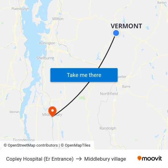 Copley Hospital (Er Entrance) to Middlebury village map