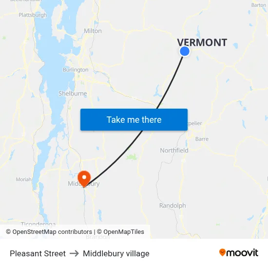 Pleasant Street to Middlebury village map