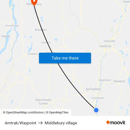 Amtrak/Waypoint to Middlebury village map