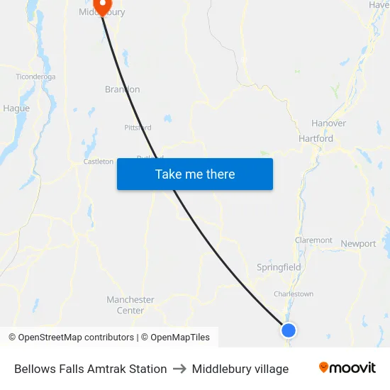 Bellows Falls Amtrak Station to Middlebury village map