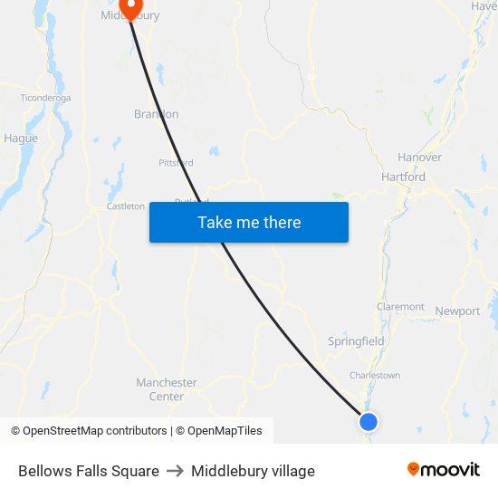 Bellows Falls Square to Middlebury village map