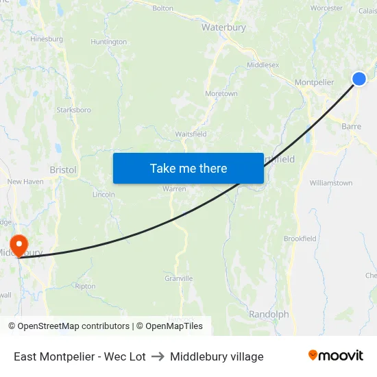 East Montpelier - Wec Lot to Middlebury village map