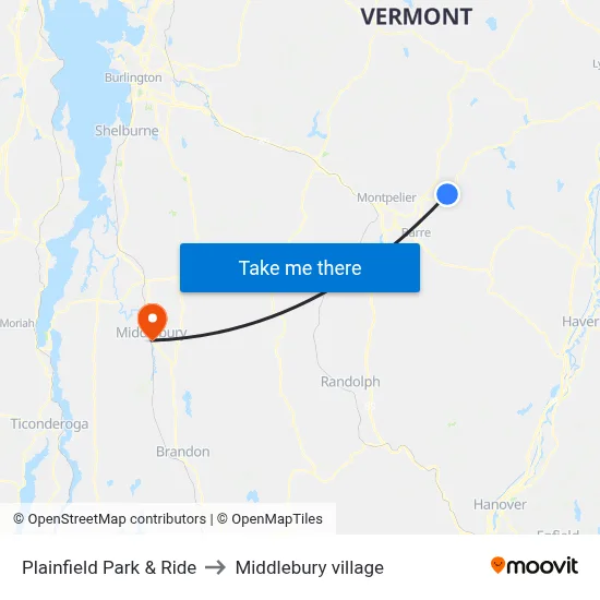 Plainfield Park & Ride to Middlebury village map