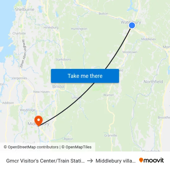 Gmcr Visitor's Center/Train Station to Middlebury village map