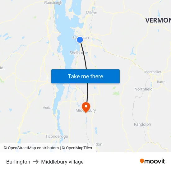 Burlington to Middlebury village map