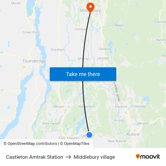 Castleton Amtrak Station to Middlebury village map